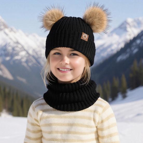 3Pcs/Set Children Winter Hat Scarf Gloves Set Plush Lining Fluffy Ball Decoration Knitting Hat Neckerchief Gloves Set