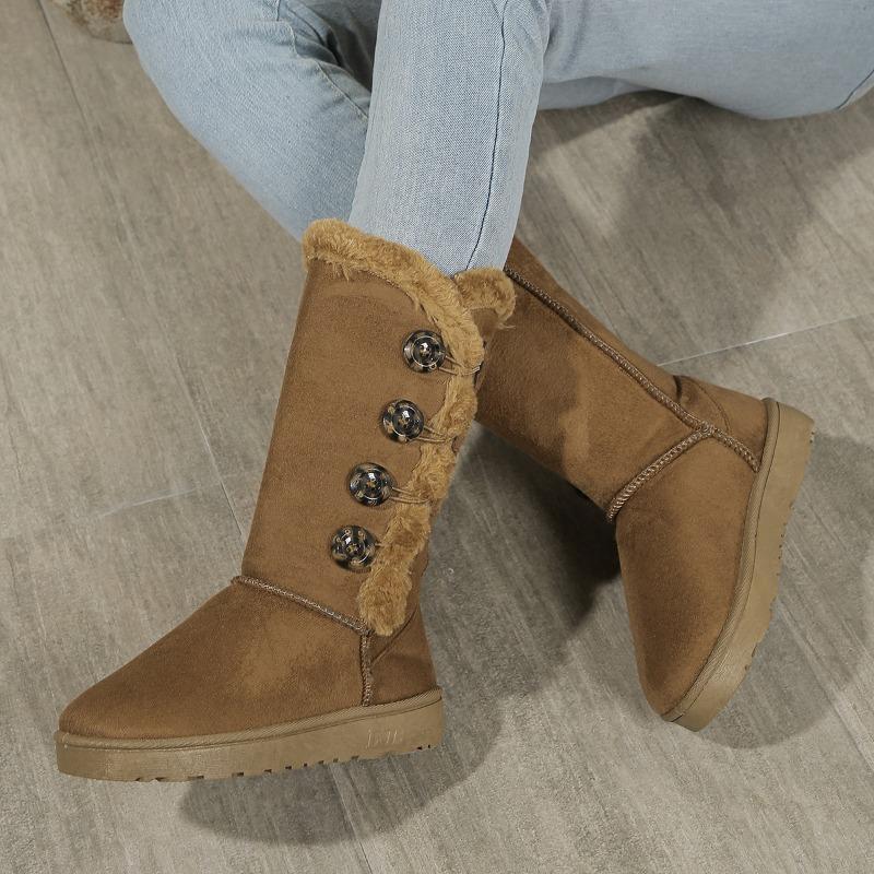Button Snow Boots Women Winter Korean Style Round Head Plus Size Cotton Shoes Warm Flat Shoes