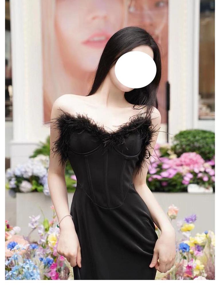Feather Tube Top French-Style Celebrity-Inspired Slimming Evening Dress for Women