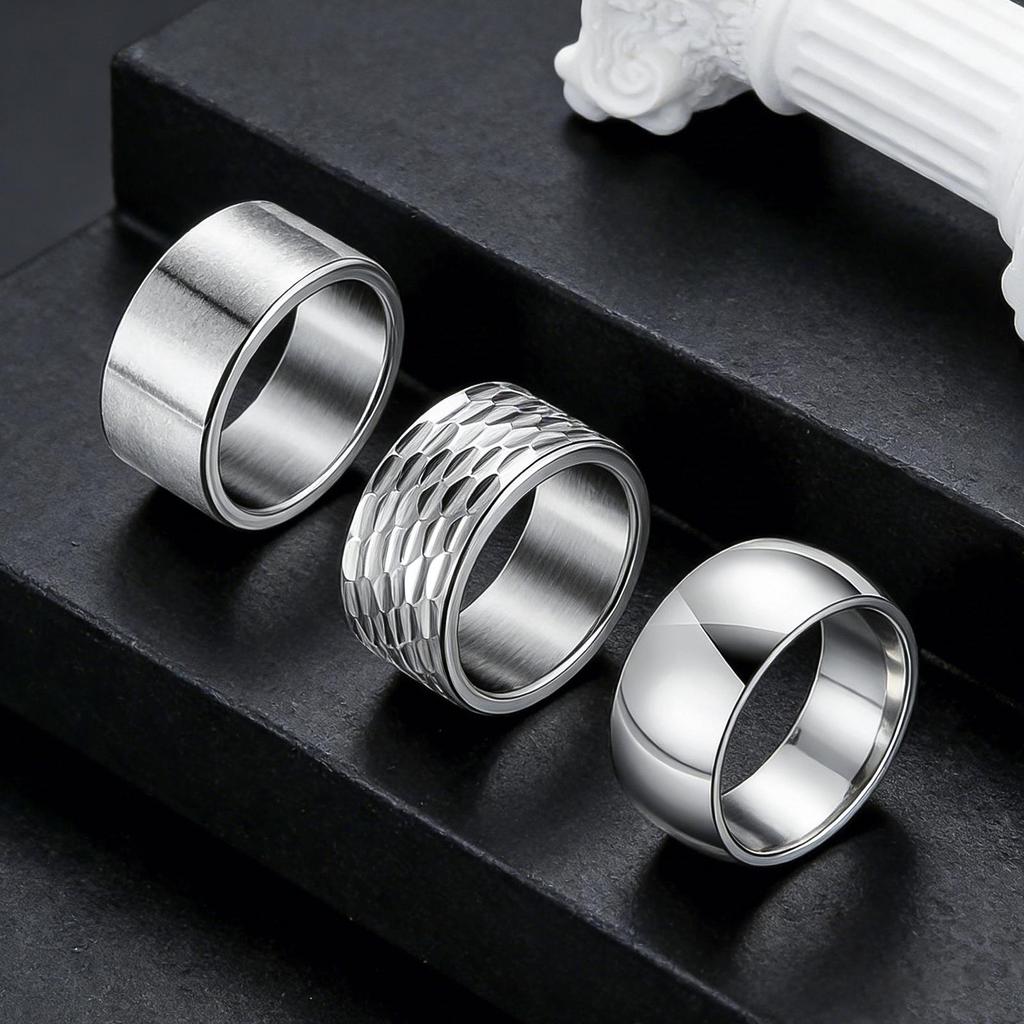 Men's Classic Ornaments 304 Stainless Steel Hammered Texture Ring Set - 12MM Wide, 3-Piece