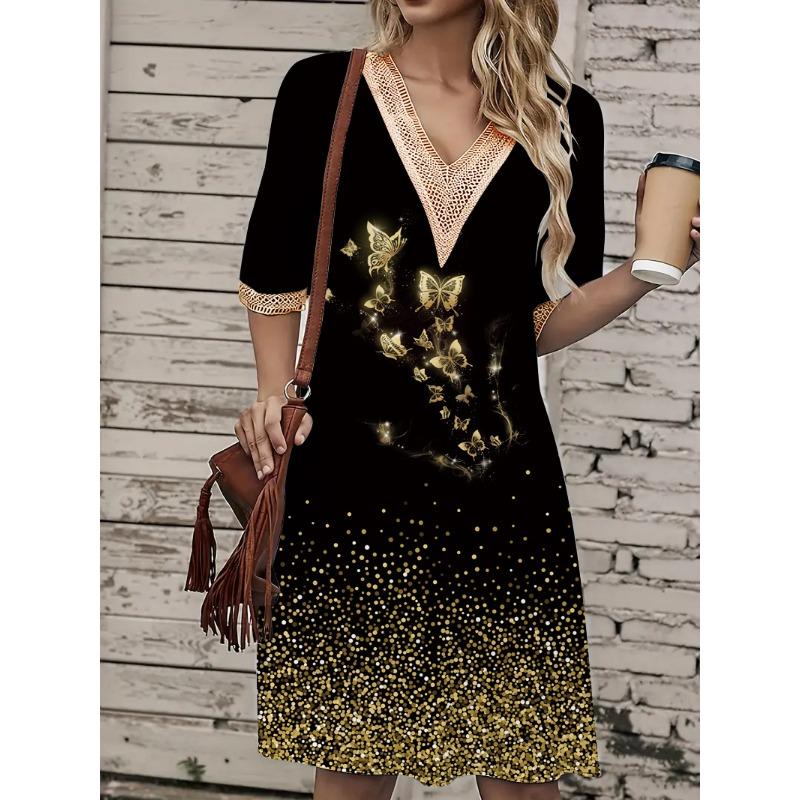 Damen Frühling/Sommer Printkleid Spitze V-Ausschnitt Loose Swing Kurzarm Mittellanges Kleid