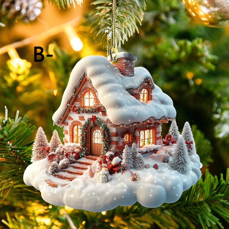 Snow House Christmas Tree Hanging Ornament Holiday Party Decorations Xmas Tree Pendant 2D Acrylic Flat Christmas Pendant