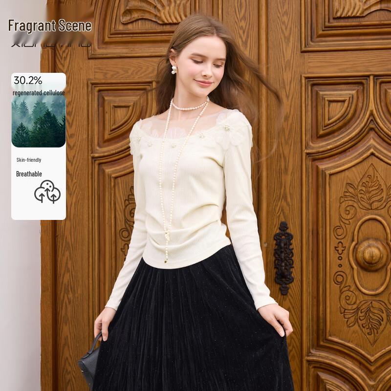 Women s Mesh Panel Off-Shoulder Long-Sleeve T-Shirt M