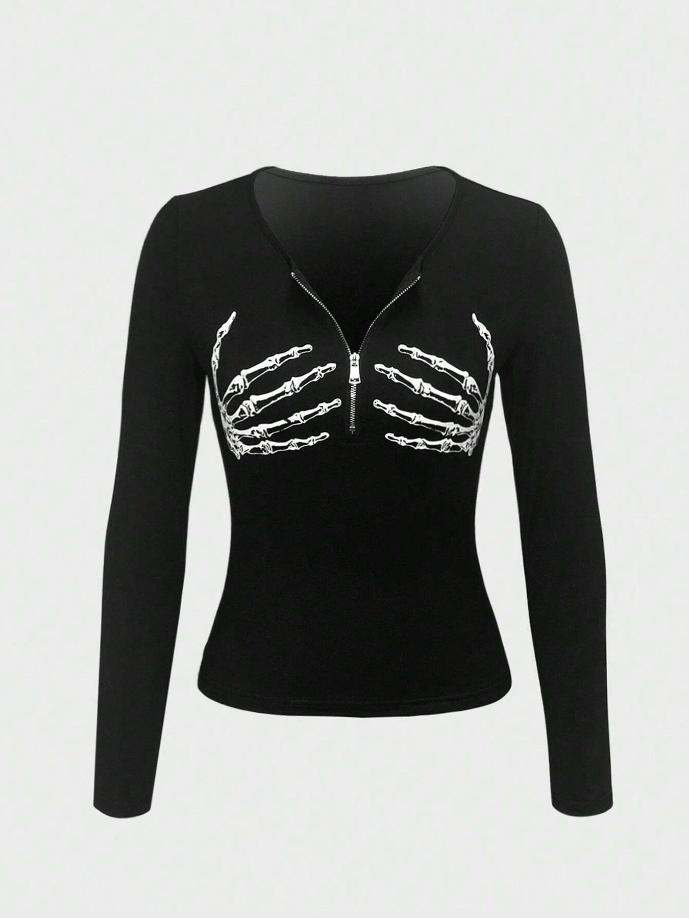 European and American Style Women s Slim Fit Skull Handprint Long Sleeve Top XL
