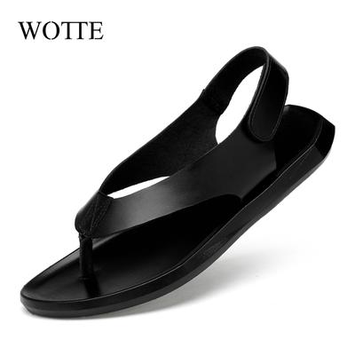 WOTTE Summer Men Leather Sandals New Design Fashion Casual Black Slip On Sandals Man Men's Flat Rubber Leather Flip Flops