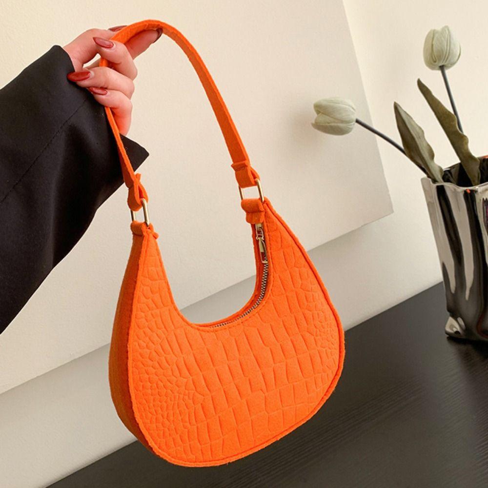 Stoff Schultertasche Einfarbige Filz Handtasche Elegante Halbmond Achseltasche Damen