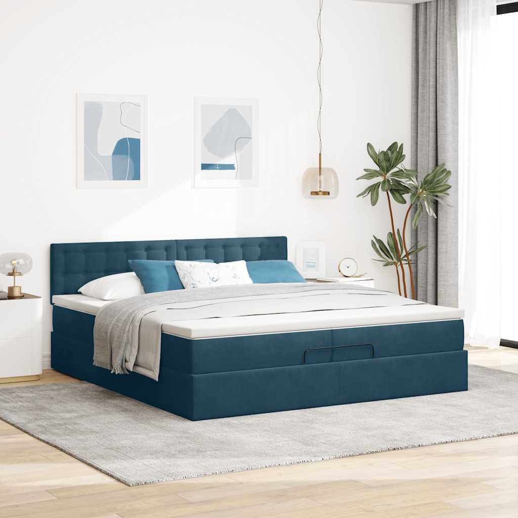 Ottoman Bed with Mattresses & LED Lighting Dark Blue 200x200 cm Velvet