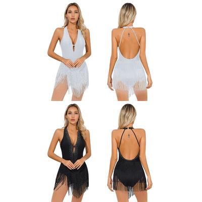 Body da Ballo Latino con Nappa di Strass da Donna Scollo Profondo a V Schiena Nuda Frange Costume per Esibizioni Sceniche