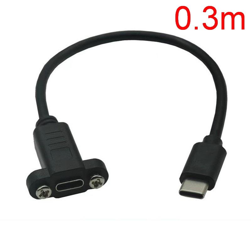 1Pcs Black Panel Mount Type-C USB-C Male To Female Extension Cable With Screw Hole Lock Connector Cable 0.3/0.5/1/1.5 Meters