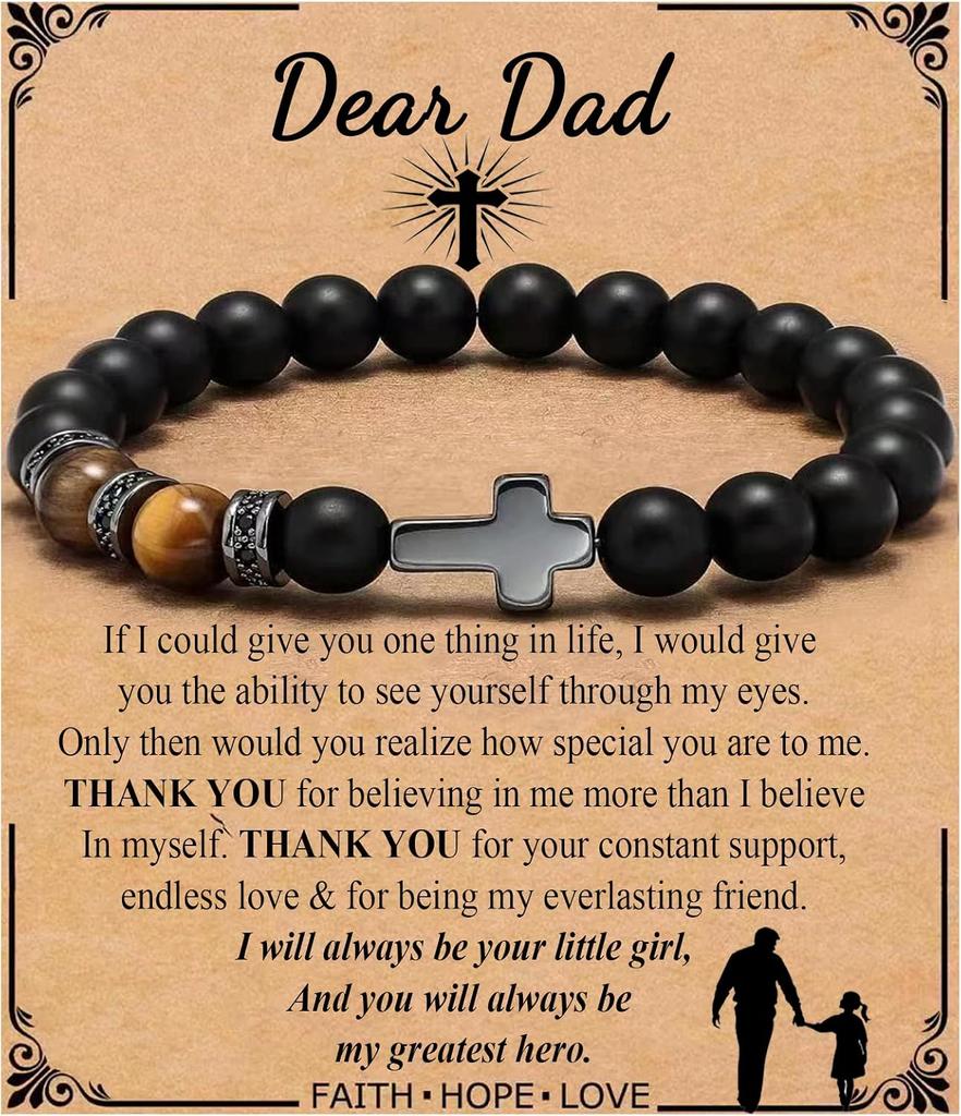 Kreuz Armband für Männer Sohn Bruder Taufe Kommunion Geburtstag Jahrestag Weihnachten Christlich Schwarze Tigerauge Perlen Schmuck