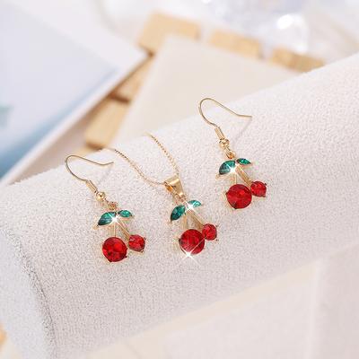 1/3pcs Inlaid Small Cherry PendantNecklace & Earring Zircon Set, WomenGift