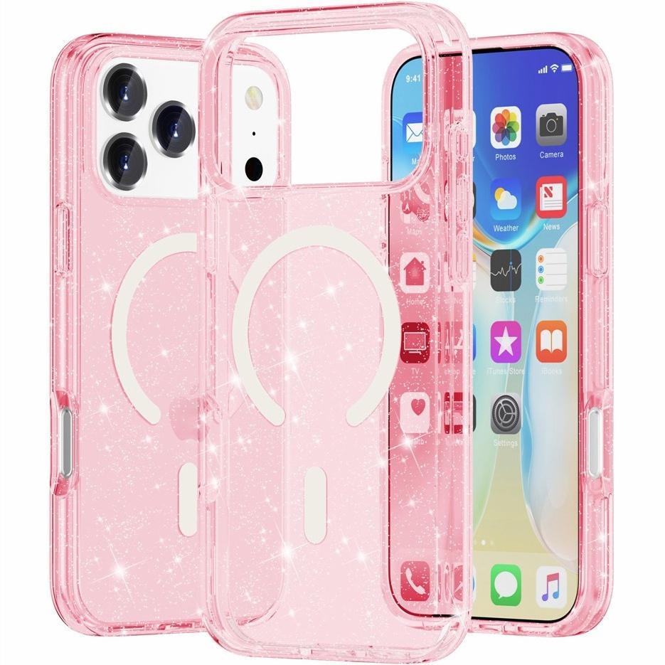 iPhone 17 Pro Case, MagSafe-Resistant, Glitter, Translucent Pink