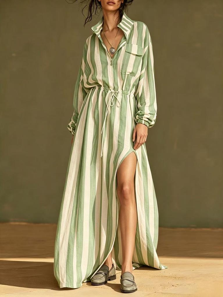 European and American, retro red and white striped shirt long dress, stand-up collar drawstring slit loose dress
