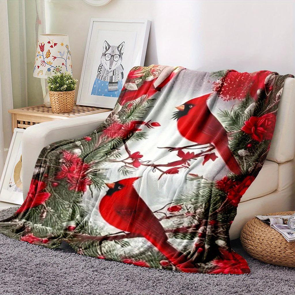 Red Cardinal Bird Fleece Blanket Floral Print Throw Soft Warm All Season Bedding Home Decor Gift For Bird Lovers