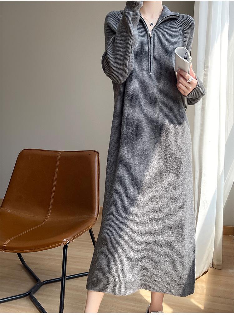 Women's Loose Casual Knitted Woolen Dress - Autumn/Winter 2024, Over-the-Knee, Half-Zip Lapel.