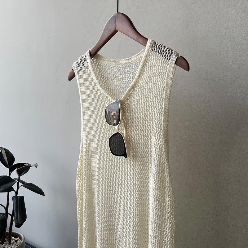 Outward Hollow Top Vest Skirt Women's Summer Slit Sleeveless Dress Mid Length Knitted Top