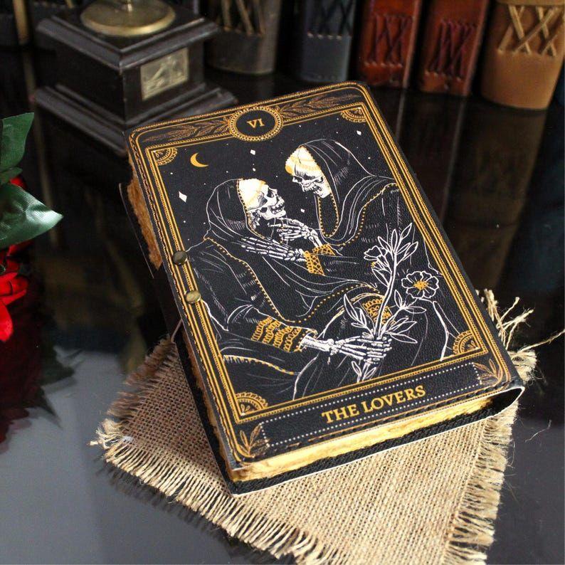 Book of Spells Grimoire Printed Journal The Lovers Tarot Notebook Spiral Gothic Notebook Skull Lover Antique Journals Gifts for Men or Women