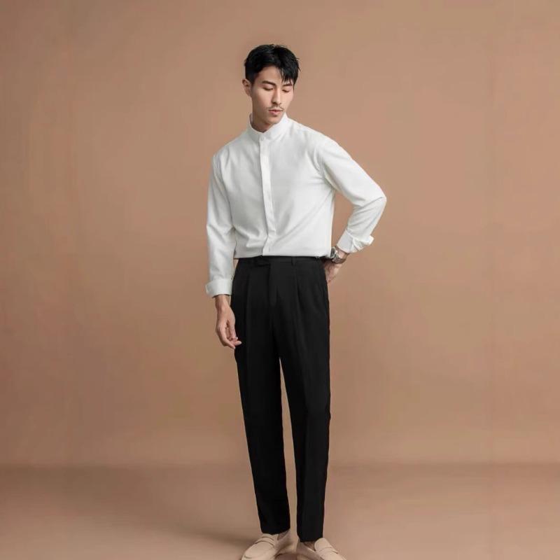 Mens Stand Collar Non Iron Slim Fit Long Sleeve Cool Casual Shirt