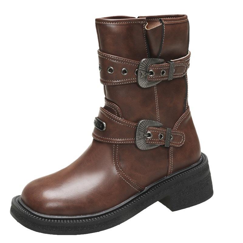 Maillard Knight Boots Women's 2025 Metal Buckle British Boots Spice Girls Vintage Versatile Square Head Buckle Strap Western Boots