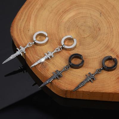 1 Pairs Stainless Steel Painless Ear Clip Earrings for Men Women Punk Sword Cross Black Non Piercing Fake Earrings Jewelry Gifts