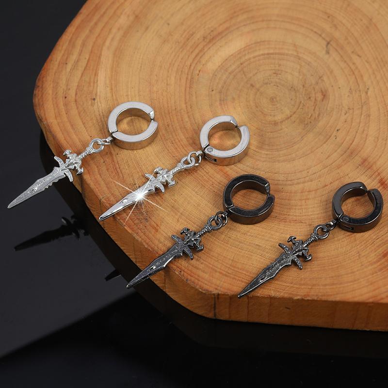 1 Pairs Stainless Steel Painless Ear Clip Earrings for Men Women Punk Sword Cross Black Non Piercing Fake Earrings Jewelry Gifts