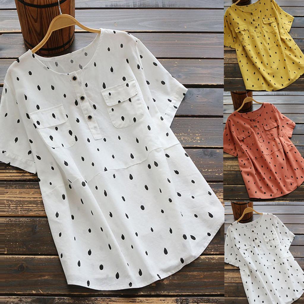 

Women Vintage Wave Point Plus Size Short Sleeve Loose Top T-Shirt Blouse