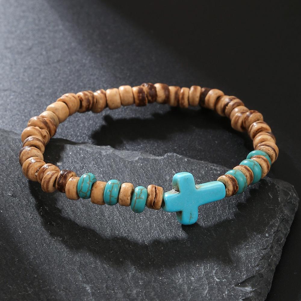 Coconut Shell Wood Chip Turquoise Cross Bracelet Men's Hip Hop Handmade Beaded Elastic Wood Bracelet