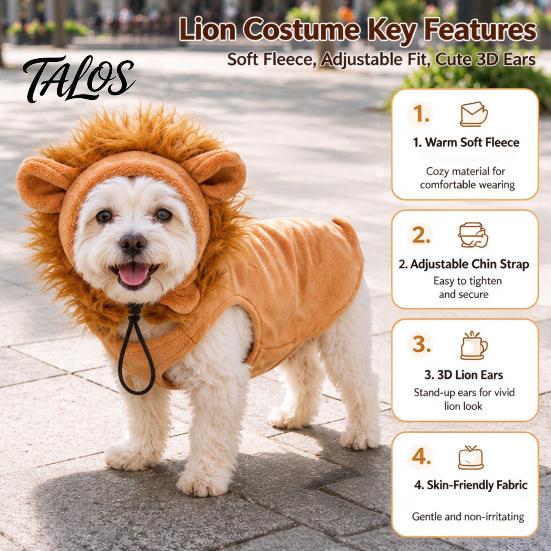 Soft Polyester Dog Pullover Lion Mane Costume, Costume Fleece Sweater Set, Adjustable Chin Small Cord, 3D Ears Hood, Halloween Cosplay for Pug Pitbull