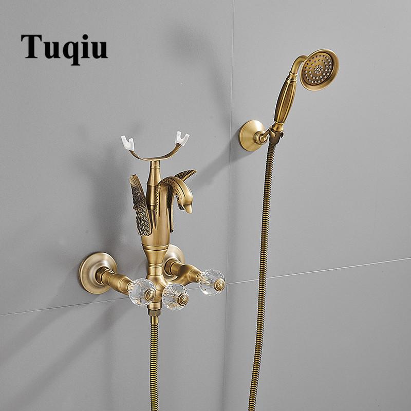 Set baterie pentru cadă și duș Tuqiu Baterie pentru cadă cu lebădă aurie montată pe perete, baie rece și fierbinte Baterie pentru baie și duș din alamă
