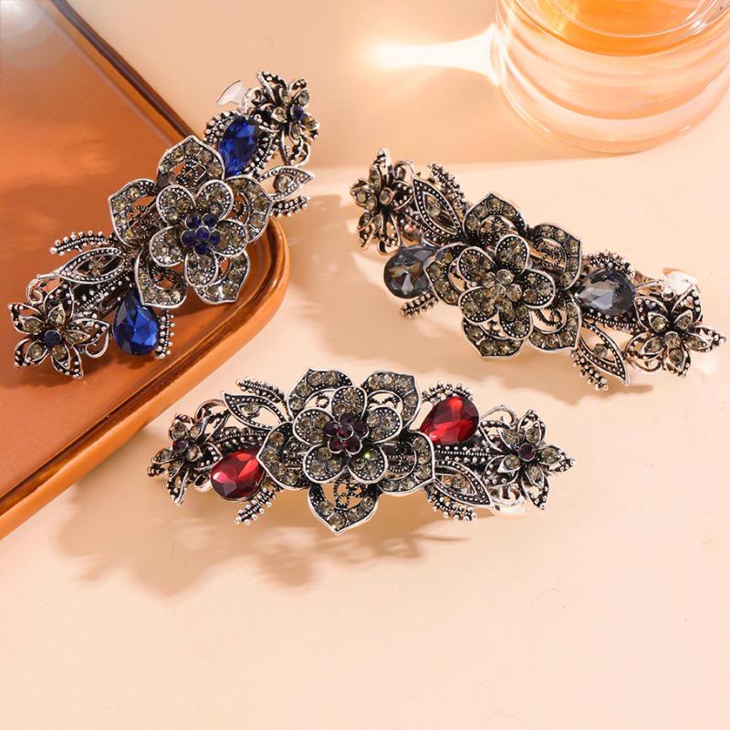 Retro Elegant Crystal Hair Clip - Large Size Horizontal Spring Ponytail Clip for Women