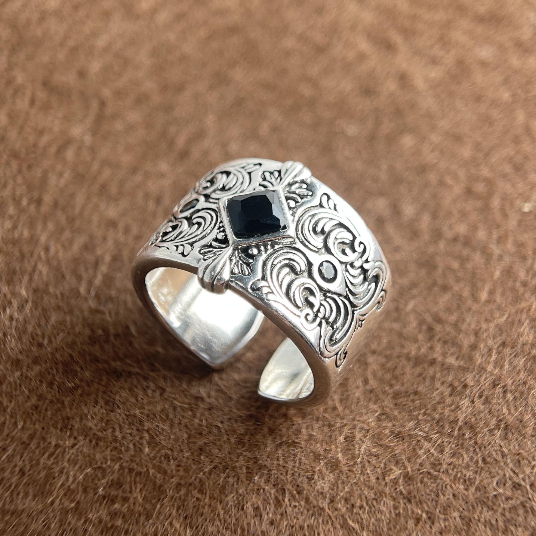 

925 Sterling Silver Rings For Women Geometric Fine Jewelry Finger Adjustable Retro Leaf Stone Ring For Party Birthday Gift resizable