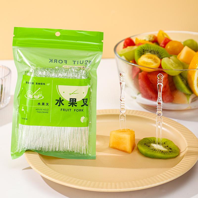 100PCS Disposable bagged bamboo fork thickened outdoor dinner fork transparent fruit fork dessert cake snacks small fork