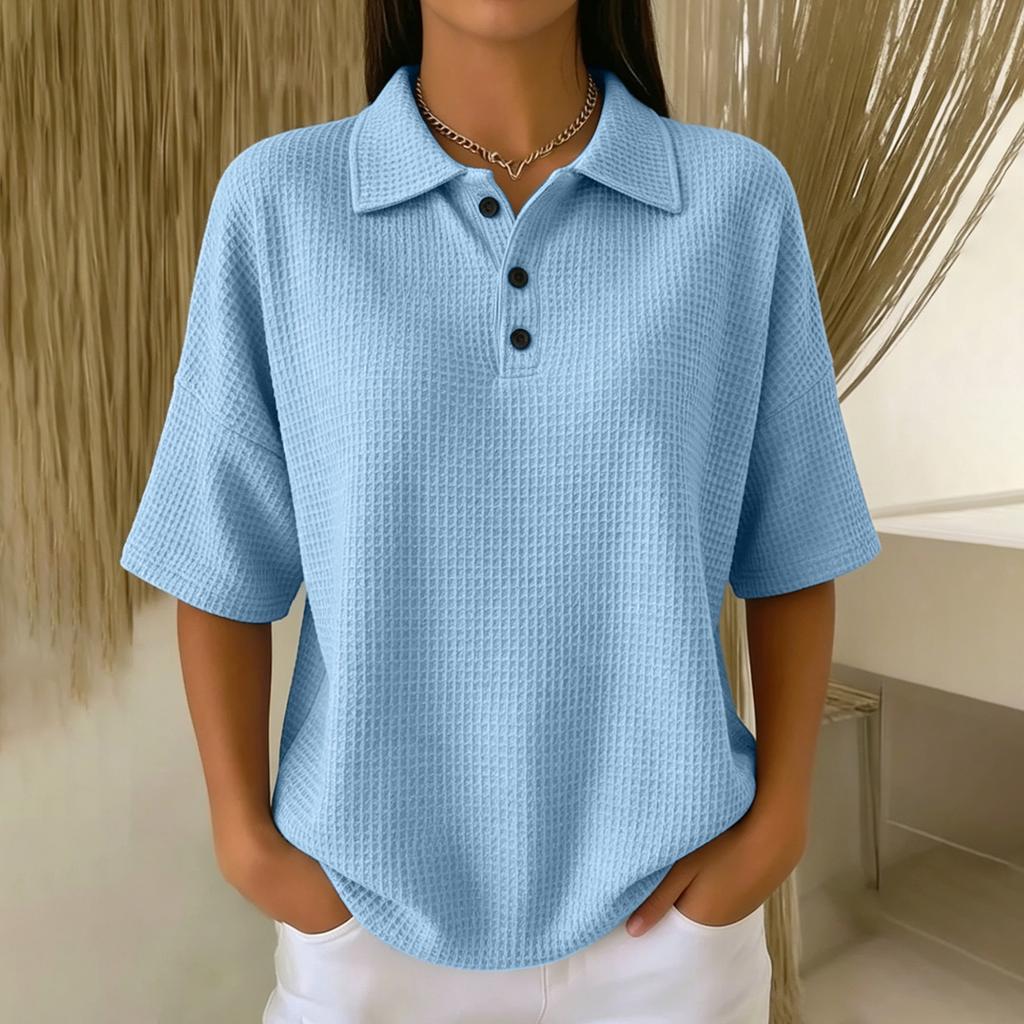 Women’s Knit Short Sleeve Polo Shirt with Button Front and Relaxed Fit for Casual and Everyday Wear