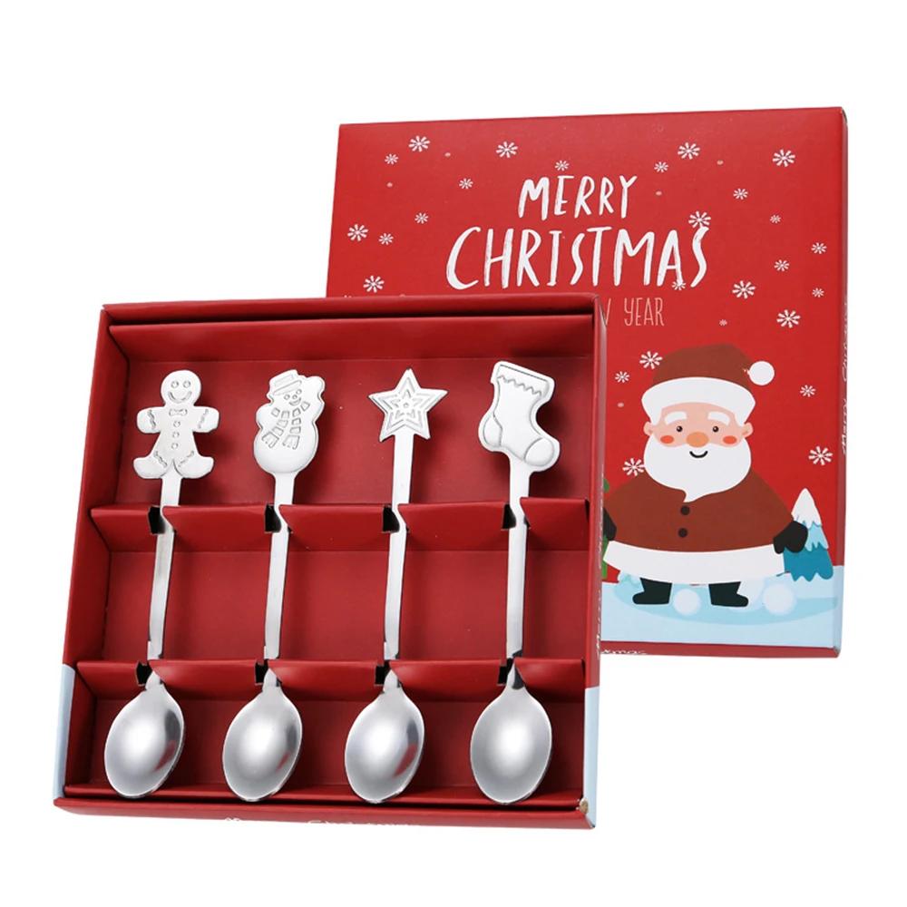 4/1PCS Christmas Dinnerware Stainless Steel Coffee Spoon Dessert Fruit Fork Cartoon Santa Claus Spoon Fork Xmas Table Supplies