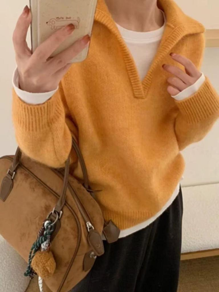 2025 Autumn/Winter Women's Wool Polo Collar Sweater, Korean Lapel Style, Versatile Solid Color Knitwear