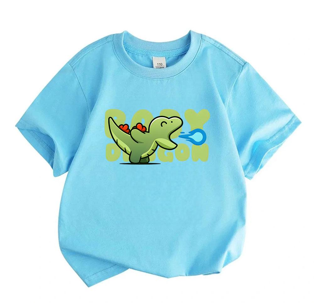 Kids Boys Girls 100% Cotton Short Sleeve O-Neck T-Shirt, Cute Baby Cartoon Little Dragon Print Casual Soft Breathable Summer Tees Tops for Little Chil