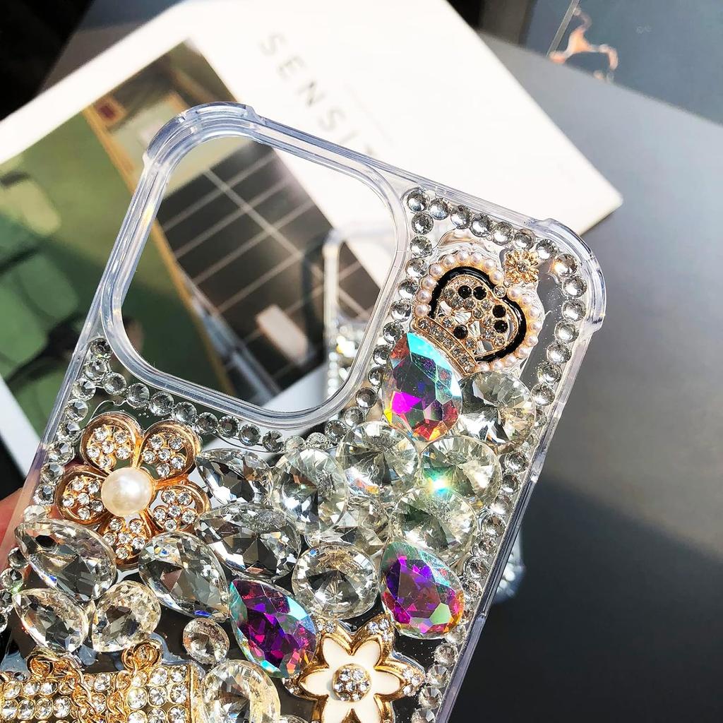 Compatible with iPhone 16 Pro Max Case Cute Bling Glitter 3D Rhinestone Diamond for Women Girls Crystal Girly Handmade Flower Gem Fashion Luxury