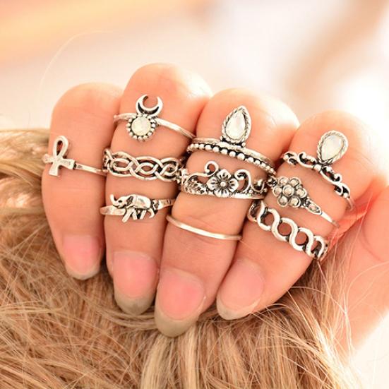10Pcs Elephant Moon Flower Rhinestone Women Vintage Above Knuckle Midi Ring Set