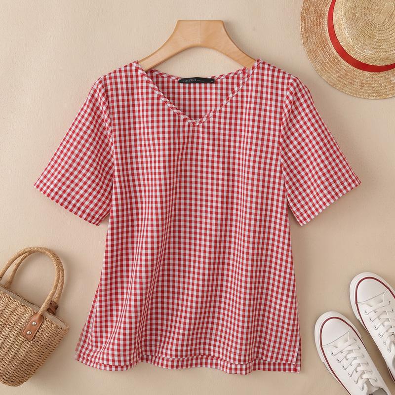 ZANZEA Women Plaid Print Casual V-Neck Short Sleeve Blouse S