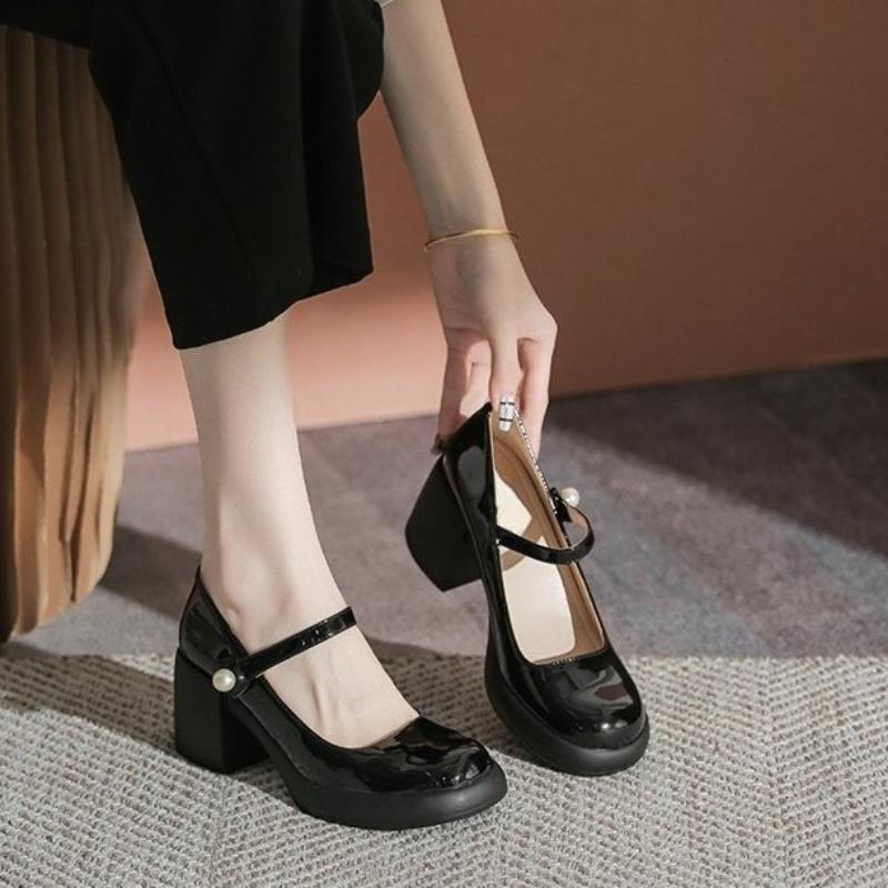 Fashion 2025 New  Pearl with Medium Heels Round Toe Square Gothic Mary Jane Japanese Style Lolita Ladies Footwear Women's Shoes