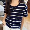 Summer  Women's T-shirt Casual Striped Woven Pullover Short Sleeved Loose Round Neck Tees Pull Vest Tops