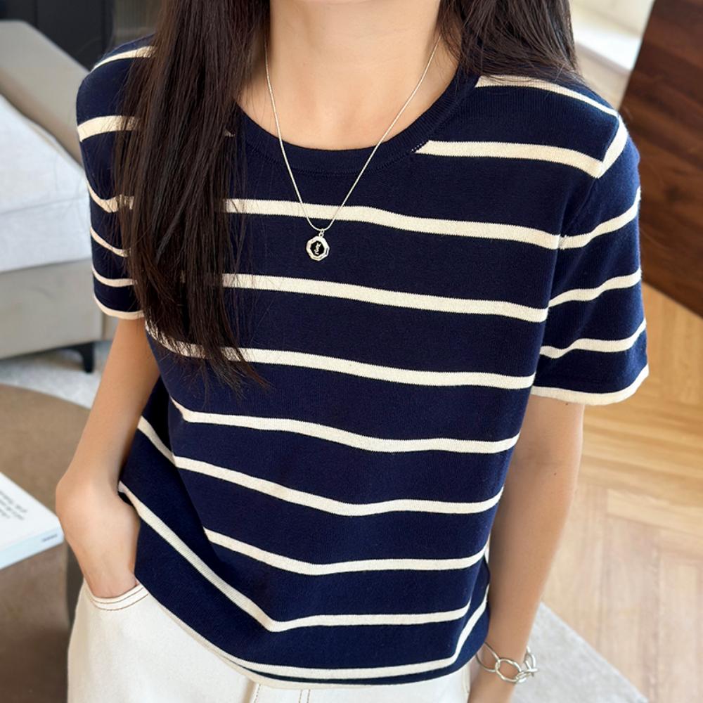 Summer  Women's T-shirt Casual Striped Woven Pullover Short Sleeved Loose Round Neck Tees Pull Vest Tops