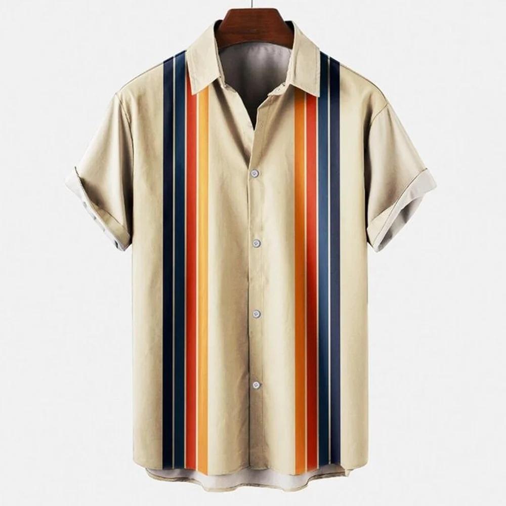 Camicia da uomo a maniche corte a righe stile hawaiano con stampa 3D, larga, stile street, top alla moda da uomo, casual, semplice, senza tasche