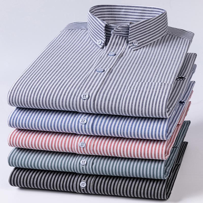 New Cotton Oxford Shirts Men's Long Sleeves Stripe Thin Soft Regular Fit Formal Dress Shirt Pocket Social Blouse Male Clothing