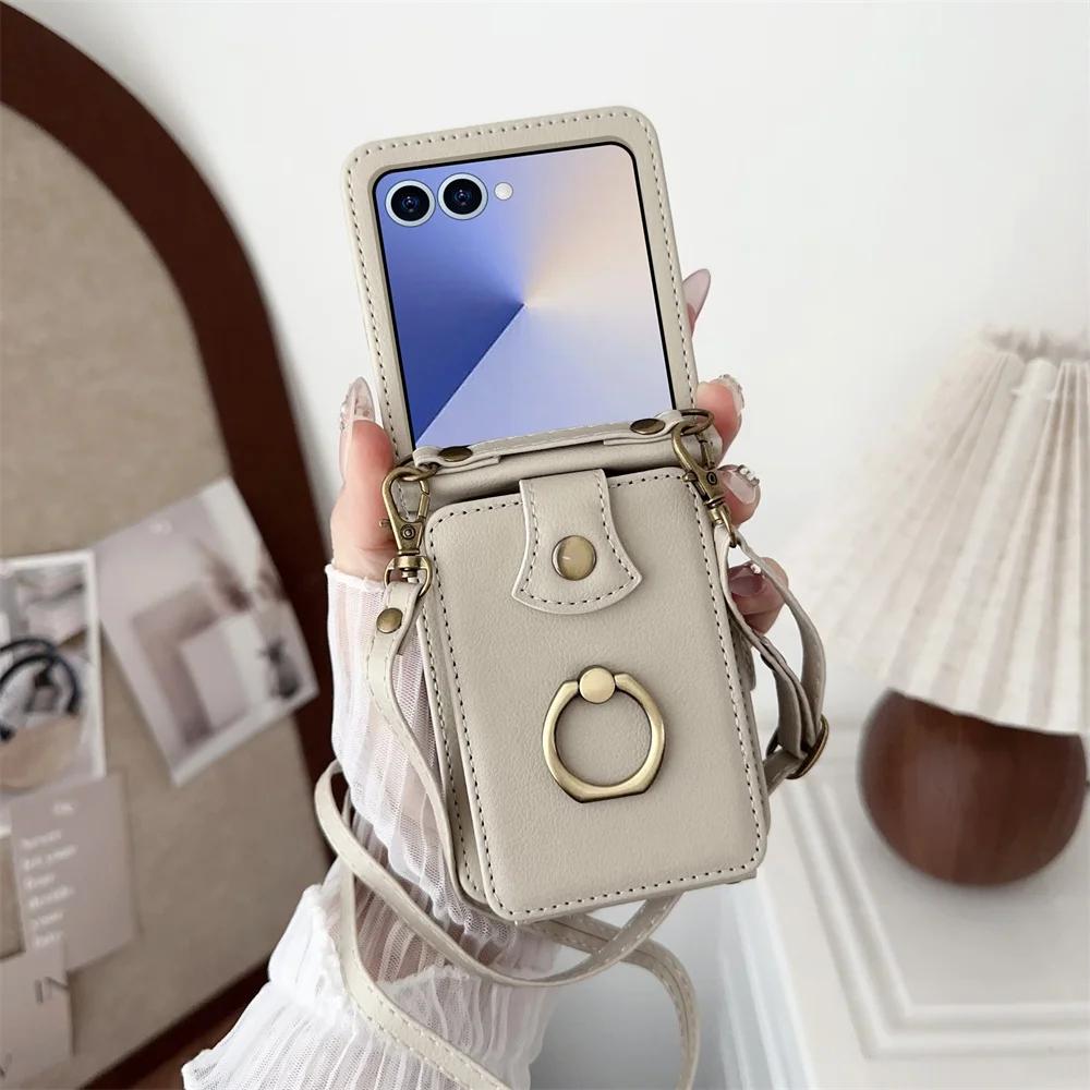 Crossbody Leather Finger Ring Holder Cards Solt Wallet Phone Case for Samsung Galaxy Z Flip 7 6 5 4 3 Flip7 FE Protective Cover