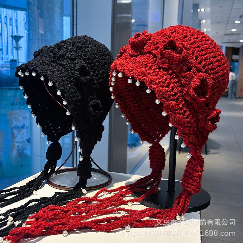 Street shot concave shape handmade three-dimensional crochet pearl wool hat girls light hollow fringed braid pullover hat