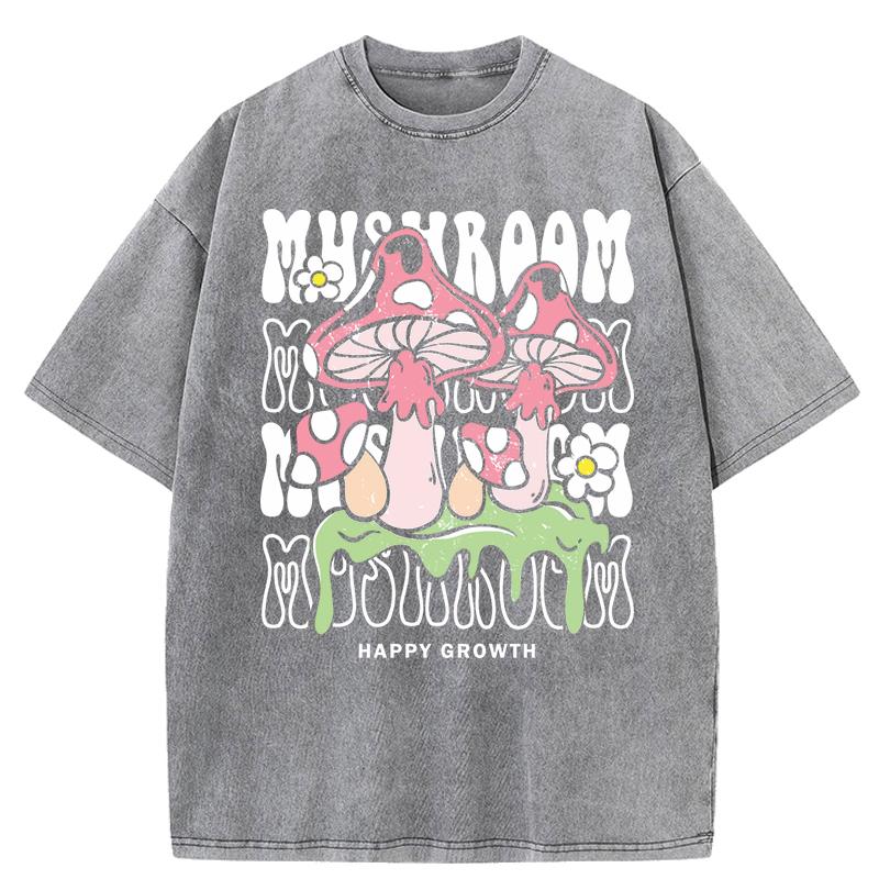 Creative Mushroom Letter Print Women Washed T-Shirt O-Neck Casual T Shirts Cotton Soft Clothes Loose Short Sleeves