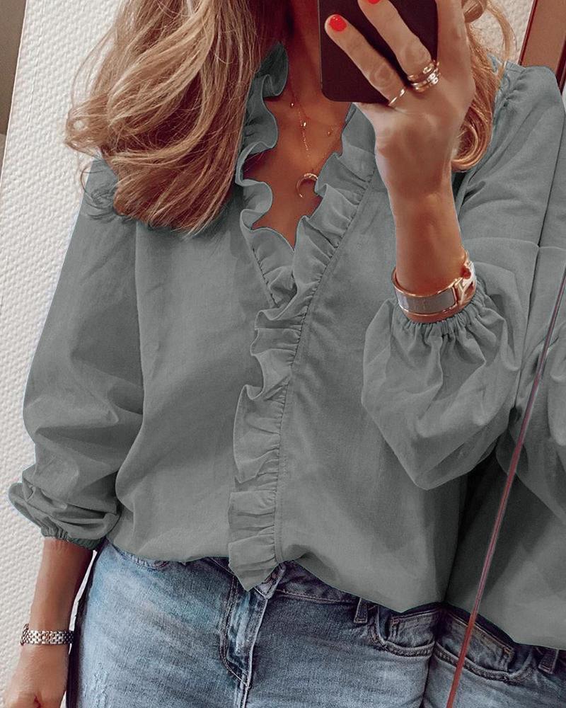 Women's Ruffle Neck Long Sleeve Blouse Loose Fit Elegant Commuter Shirt With Lantern Sleeve Tencel Blend Fabric For Daily Office Wear