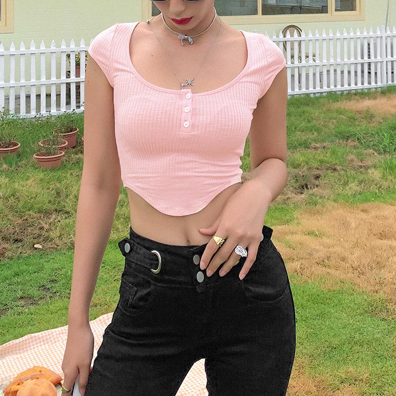 2024 European & American Fashion Women's U-Neck Short-Sleeve Slim-Fit Solid Crop Top T-Shirt