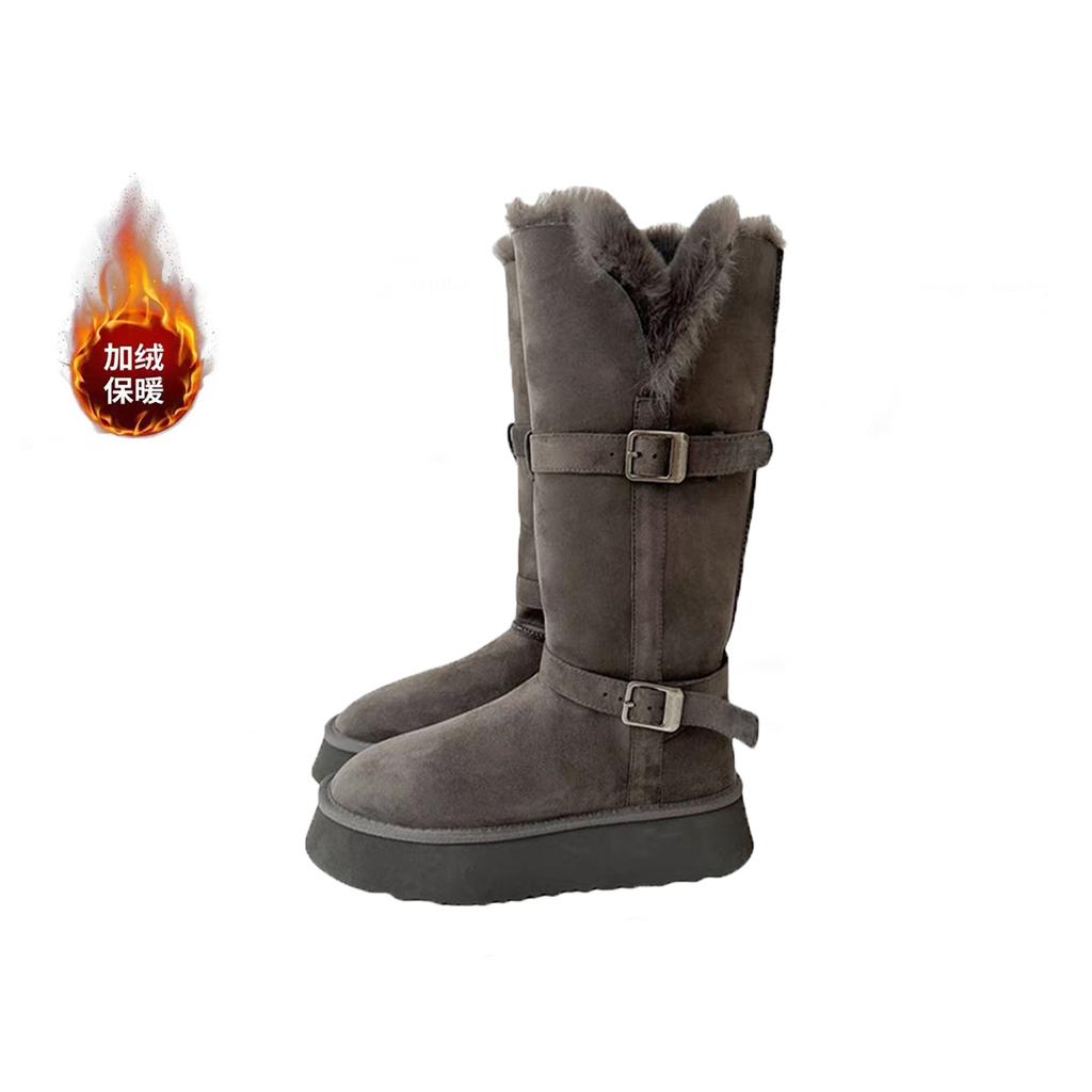 Cowhide Version~ Grey Snow Boots for Women's 2025 Winter New Thick-soled Heightened Velvet Thickened Long-tube Snow Cotton Shoes